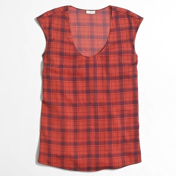 J. Crew Plaid Print Cap Sleeve Shirttail Top - Picture 4 of 7